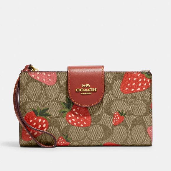 🍓 Coach Tech Wallet In Signature Canvas With Wild Strawberry Print - Picture 2 of 13